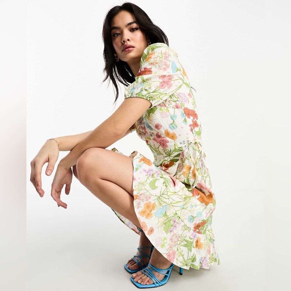 & Other Stories Linen Wrap Mini Dress in White Floral Print